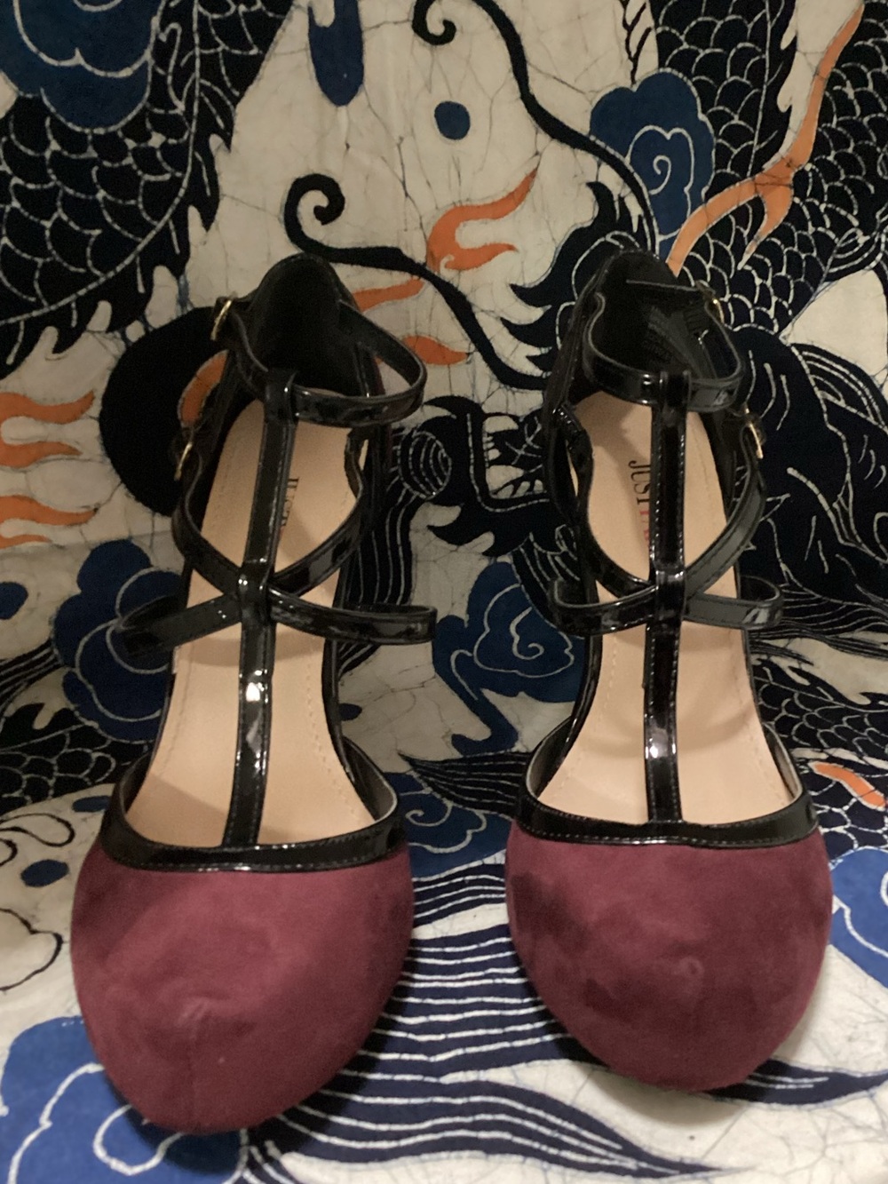 Women’s JustFab stiletto strappy maroon velvet & black patent leather straps